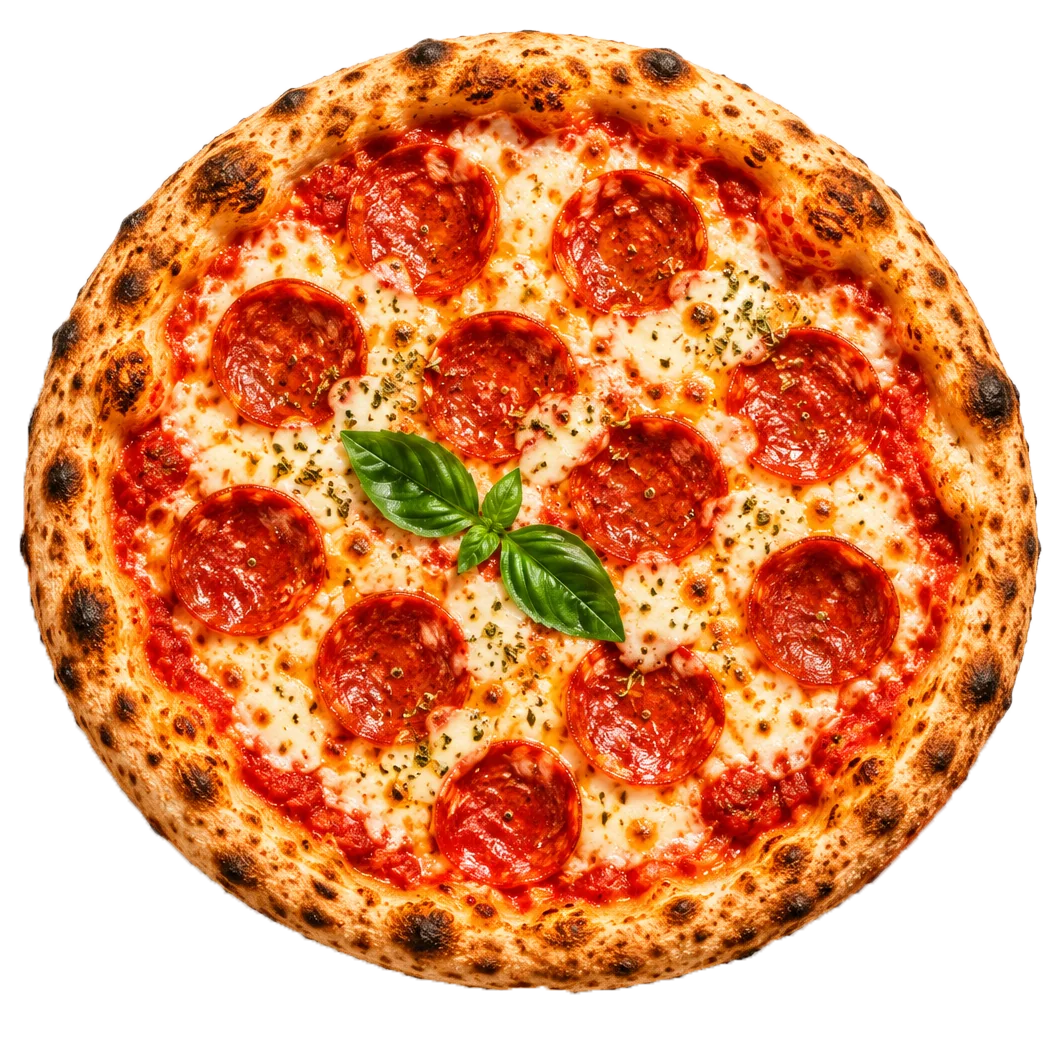 Wood-fired pepperoni pizza from above